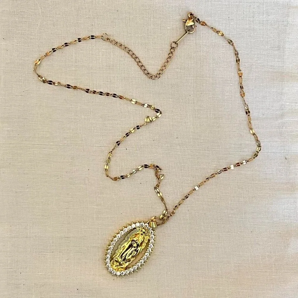 vintage style virgin mary grunge rhinestone gold cross pendant necklace